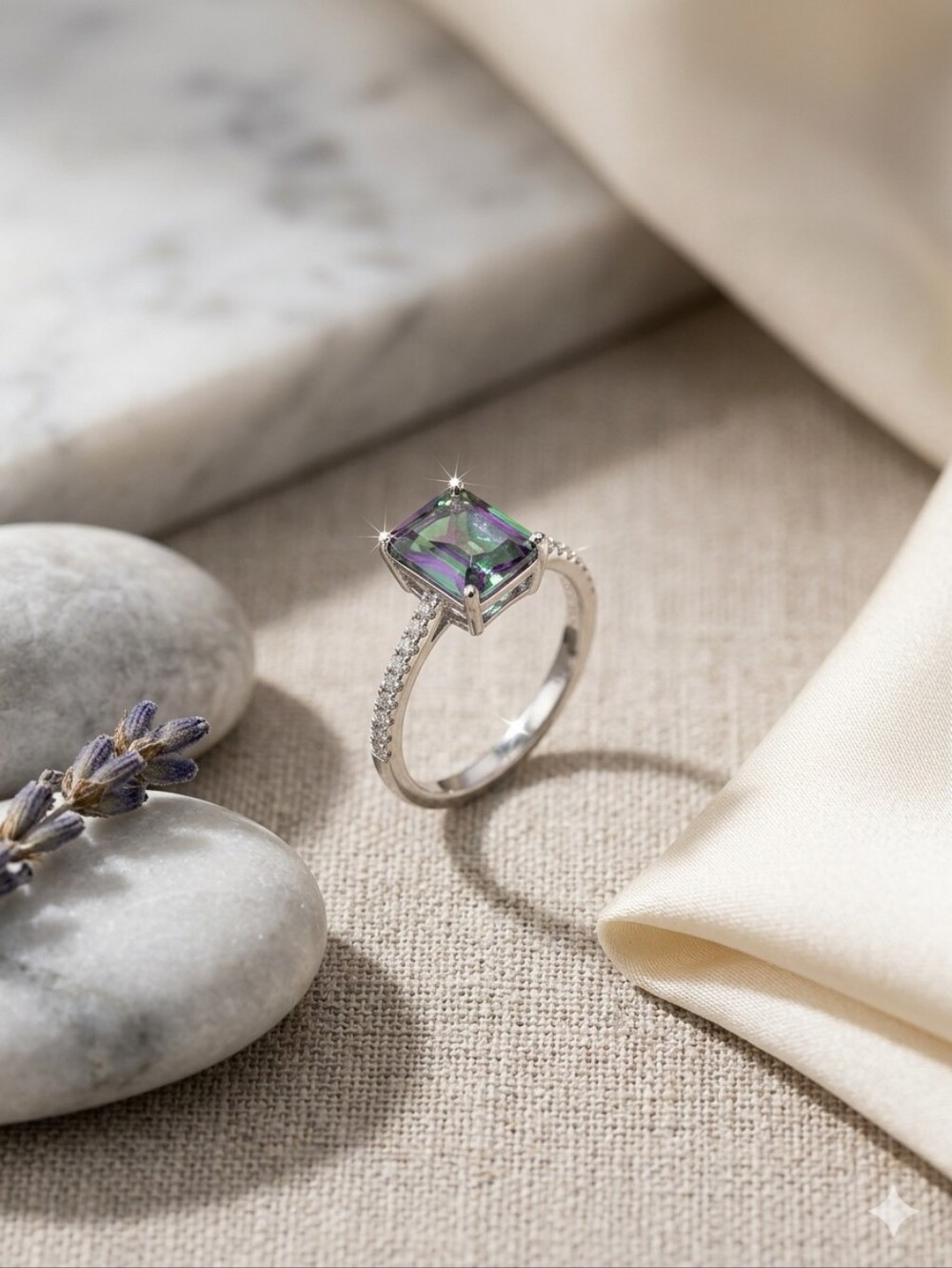 Mystic Topaz NWT Emerald-Cut Solitaire 925 Silver Ring, Size 6